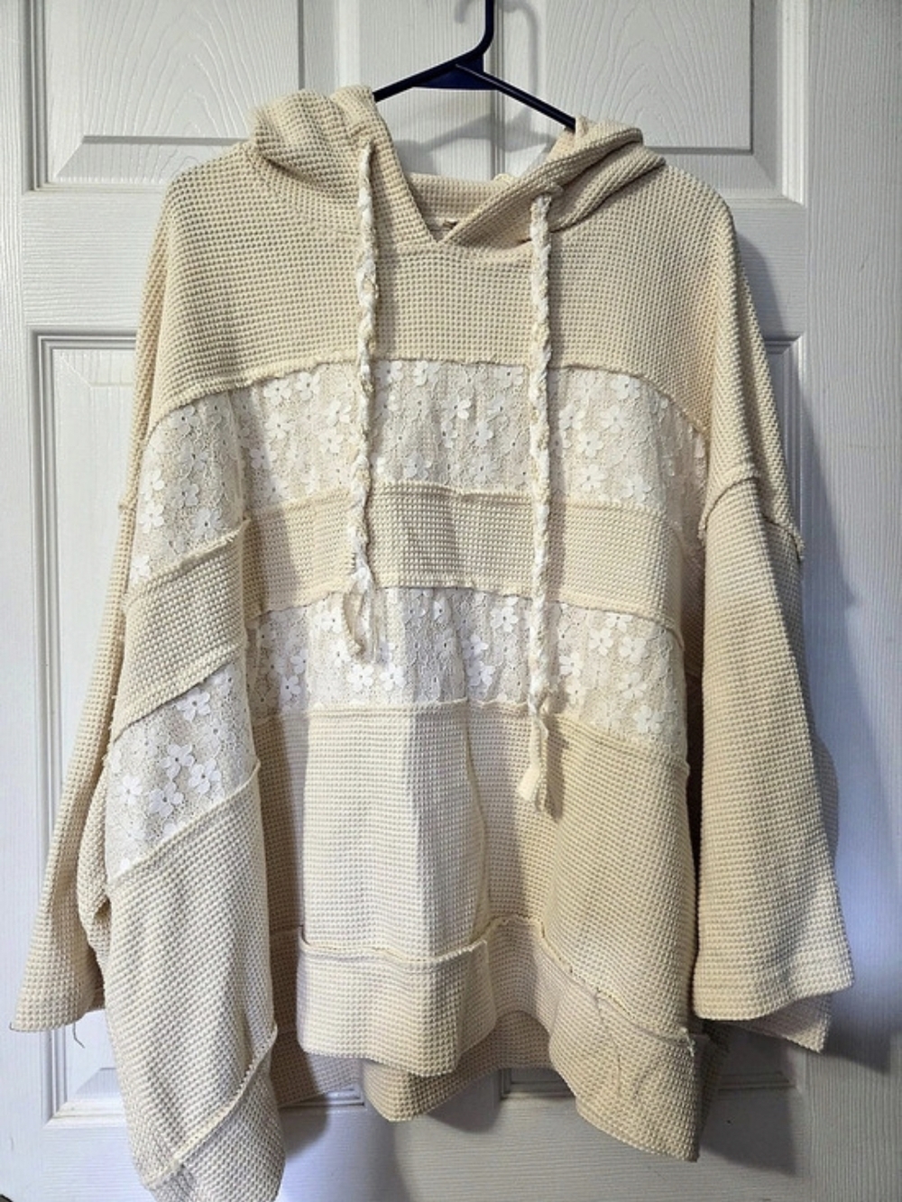 POL Cream Lace Panel Hooded Sweater